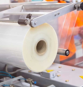 Close-up of a large roll of clear plastic film being fed into an industrial packaging machine.