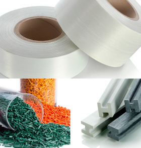 Collage of three images: rolls of white fibrous tape, piles of colorful plastic pellets, and stacked white and gray H-shaped structural beams.