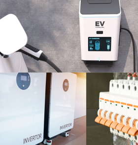 Collage of three images: an electric car charging at a wall-mounted station, two large white inverter units, and a close-up of a circuit breaker panel.