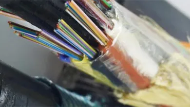 Close-up of a fiber optic cable with its outer jacket removed, revealing a bundle of thin, color-coded optical fibers in blue, yellow, orange, red, and green.