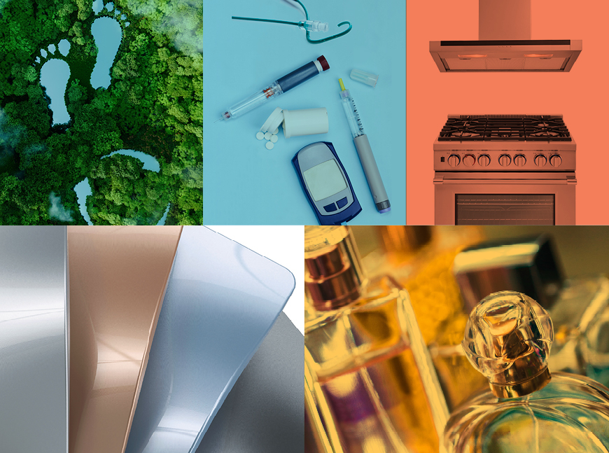 Six-panel collage showing: white footprints and recycling symbols on green moss; diabetes supplies with glucose meter and insulin pen on blue background; orange copper kitchen stove with vent hood; curved metallic panels in silver, rose gold, and gray; and glass perfume bottles glowing with golden light.
