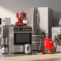 A group of home appliances: a stainless steel refrigerator and oven, red espresso machine, silver kettle, red vacuum cleaner, white washing machine, and iron.