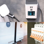 Collage of three images: an electric car charging at a wall-mounted station, two large white inverter units, and a close-up of a circuit breaker panel.