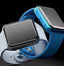 blue and white smartwatch on a black background