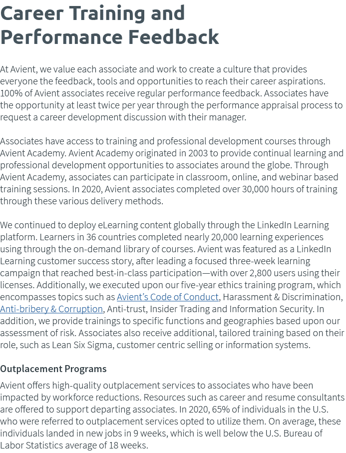 Career Training and Performance Feedback  At Avient, we value each associate and work to create a culture that provid   